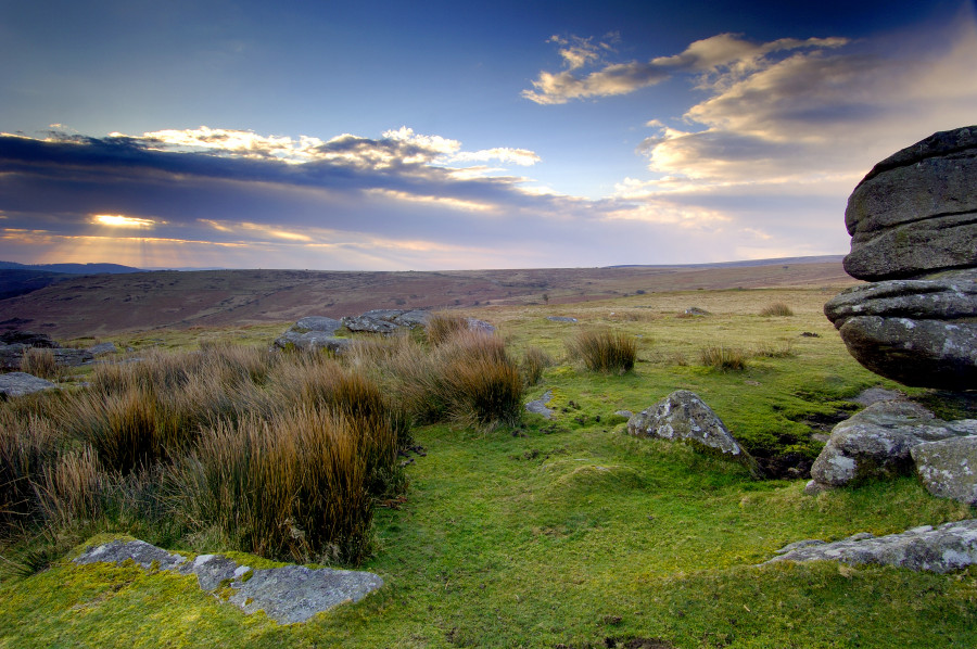 Dartmoor in Devon with sun and clouds