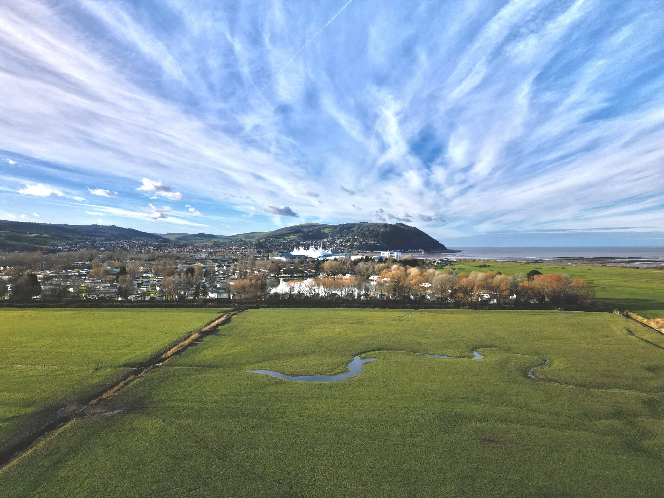 Drone Shot Minehead marshes towards Butlins Minehead